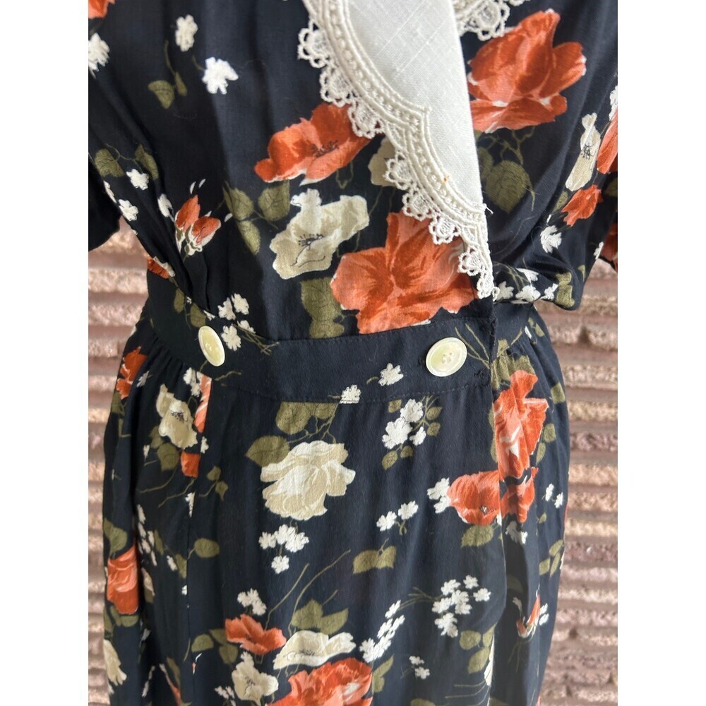 Expo Vintage 90s Dress Black Floral Grunge White Lace Collar Romantic Size 14 - Picture 7 of 11